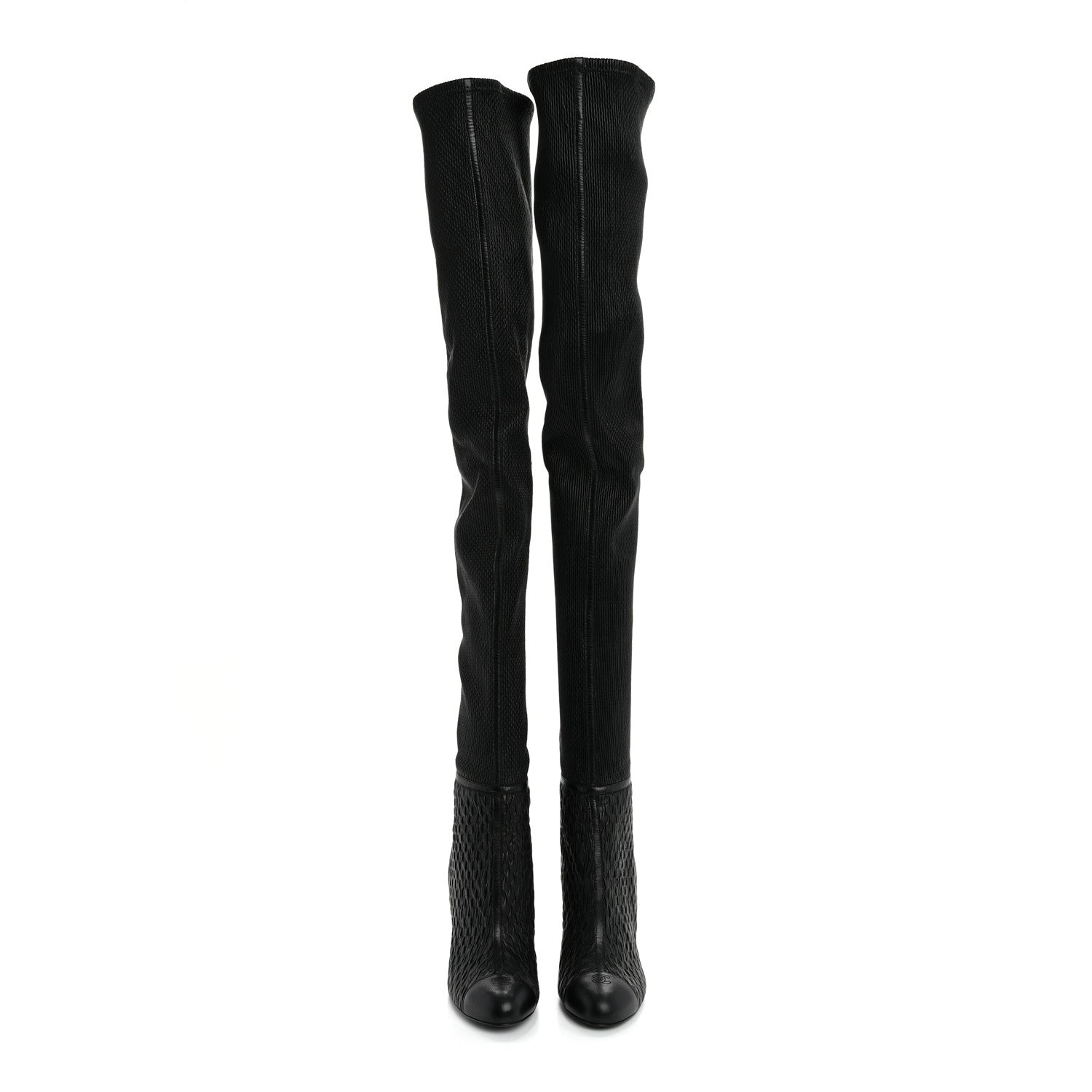 Chanel Calfskin Embossed Cap Toe CC Over The Knee Boots  40 Black 3 of 10