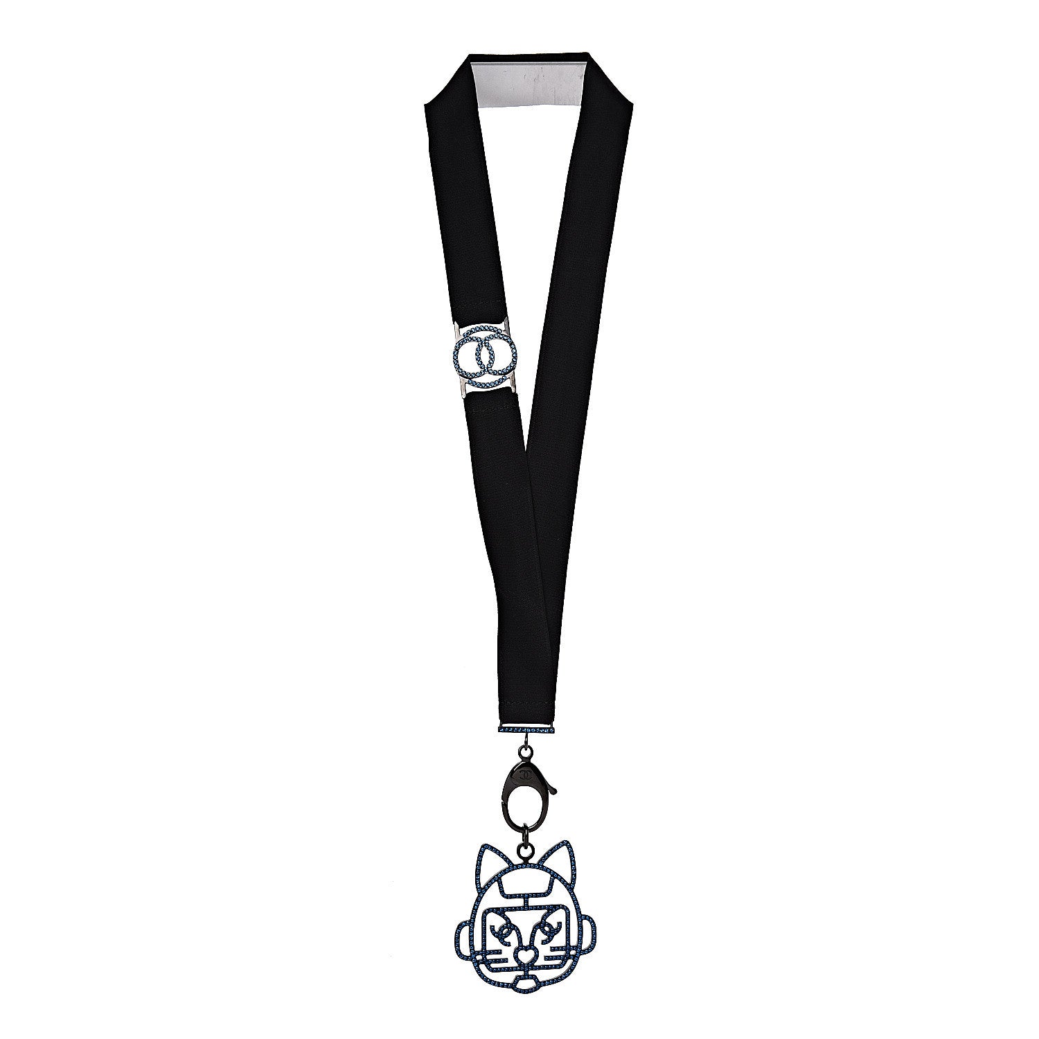 Chanel Crystal CC Emoji Robot Cat Lanyard Necklace Black Blue 3 of 6