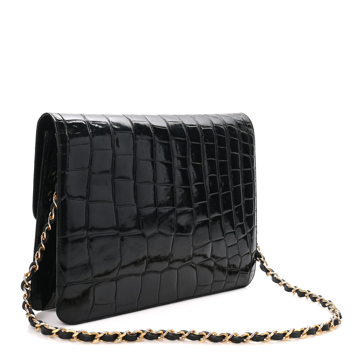 Shiny Crocodile Medium Single Flap Black