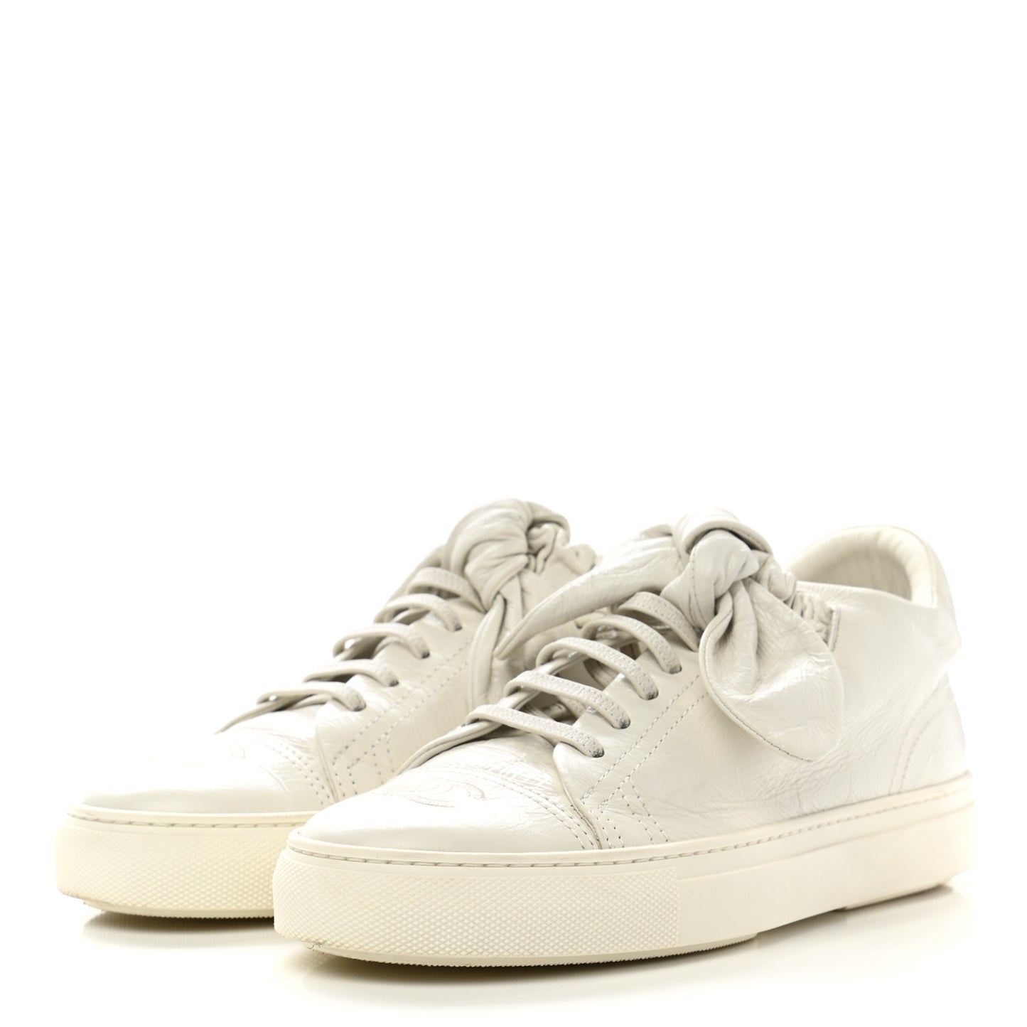 Crumpled Calfskin Womens CC Bow Sneakers 37.5 White