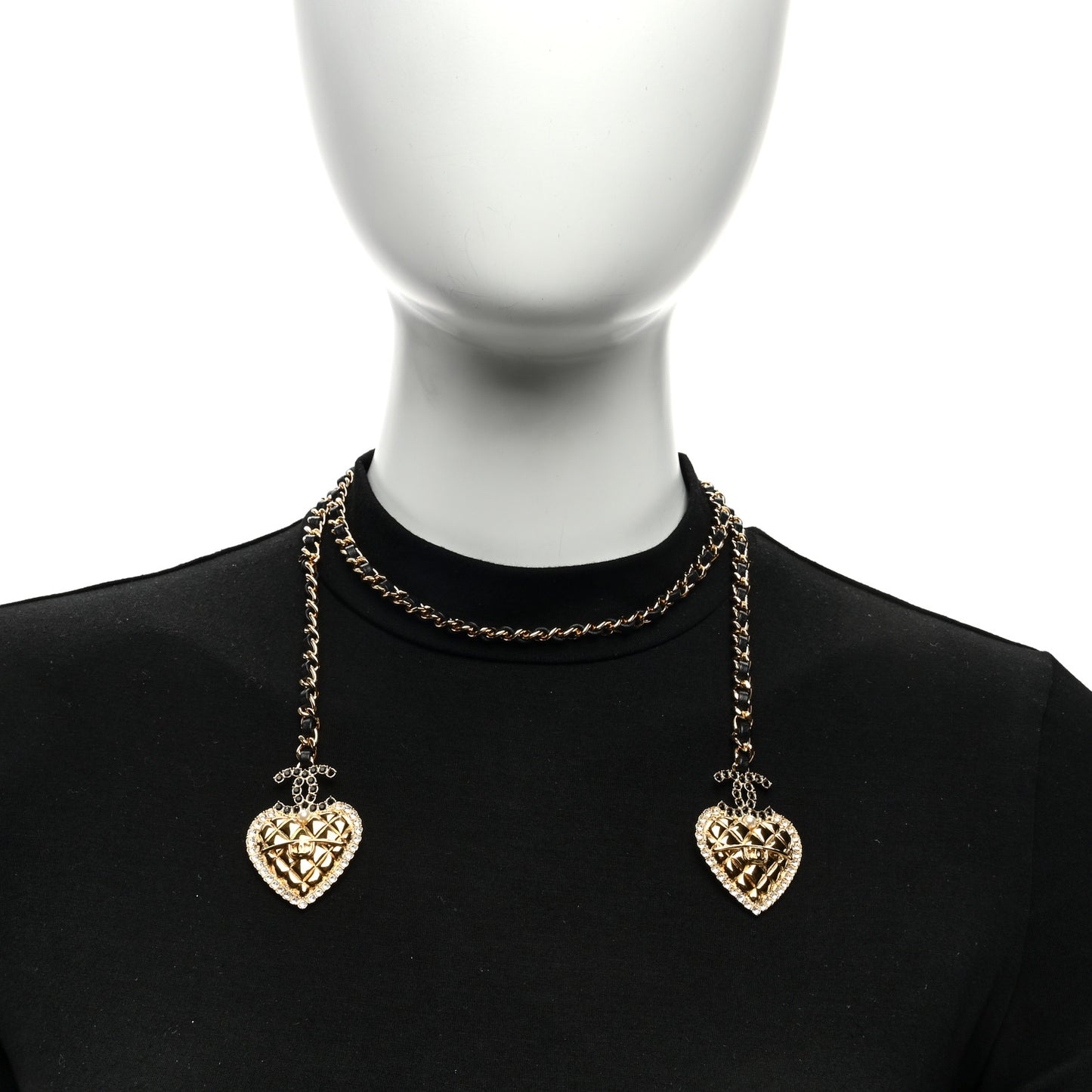 Metal Lambskin Glass Pearl Strass Heart Wrap Necklace Black Gold