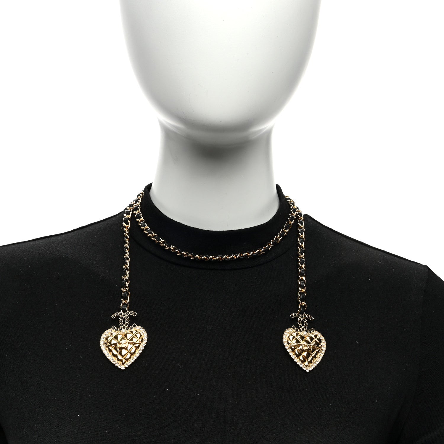 Chanel Metal Lambskin Glass Pearl Strass Heart Wrap Necklace Black Gold 2 of 5