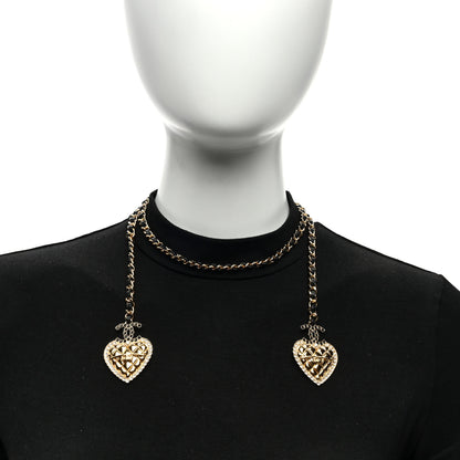 Chanel Metal Lambskin Glass Pearl Strass Heart Wrap Necklace Black Gold 2 of 5