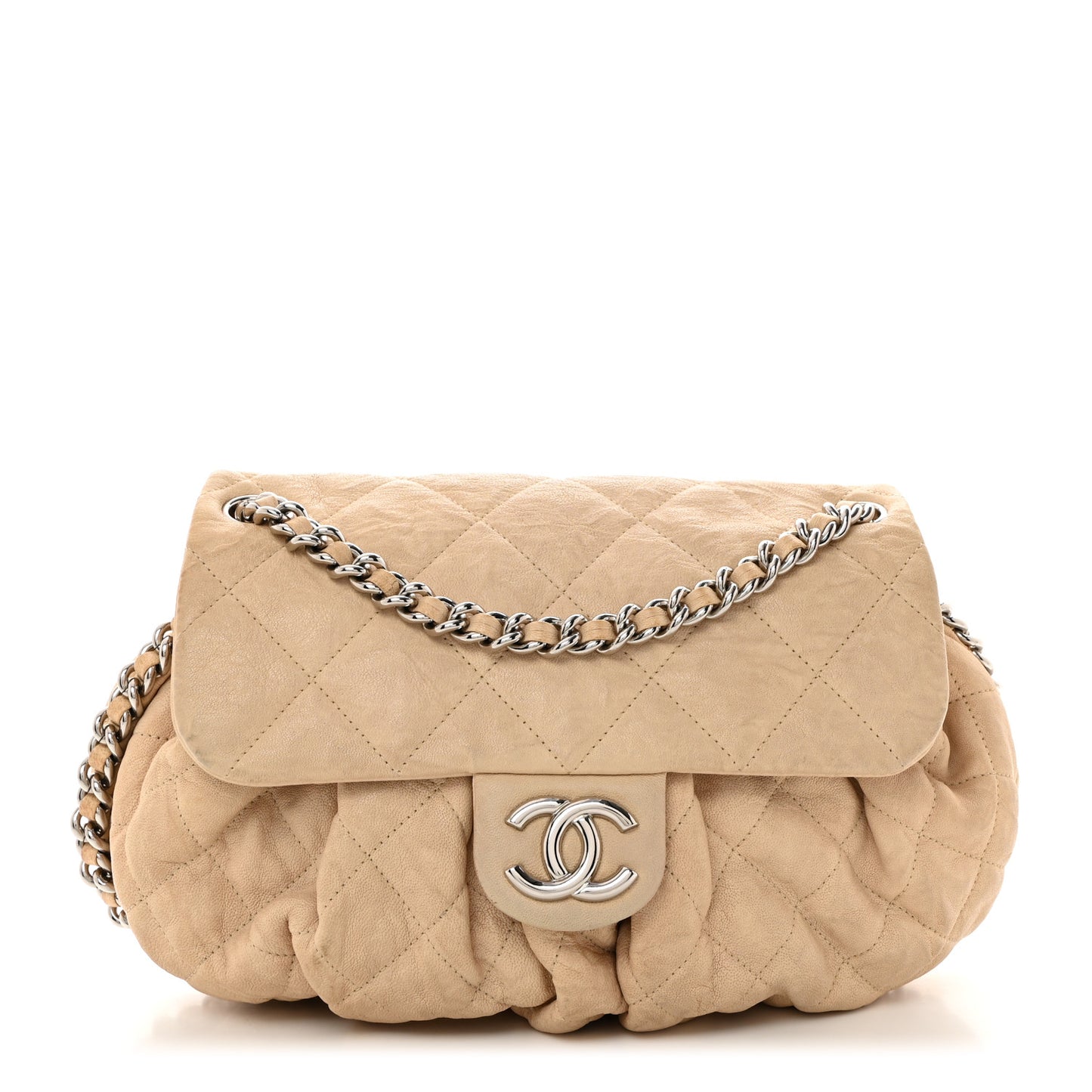 Washed Lambskin Quilted Medium Chain Around Messenger Beige