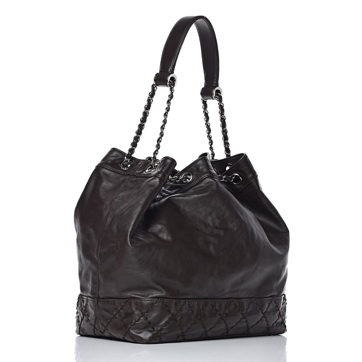 Calfskin Drawstring CC Bucket Bag Dark Brown