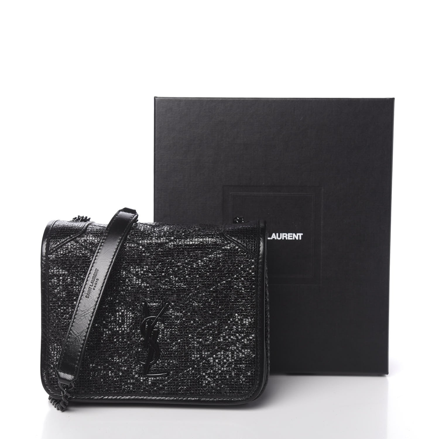 Saint Laurent Metallic Cracked Calfskin Monogram Niki Chain Wallet Black 10 of 10