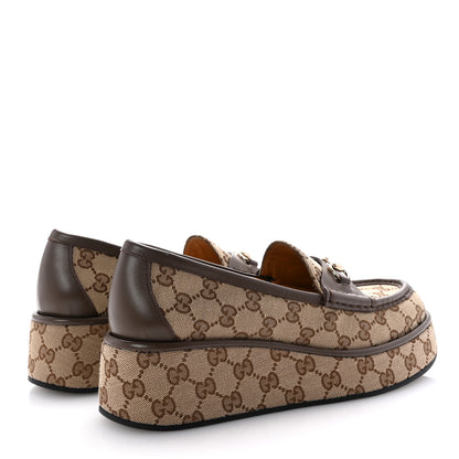 Gucci Monogram Horsebit Calfskin Womens Horsebit Wedge Platform Loafers 41 Beige Ebony 5 of 10