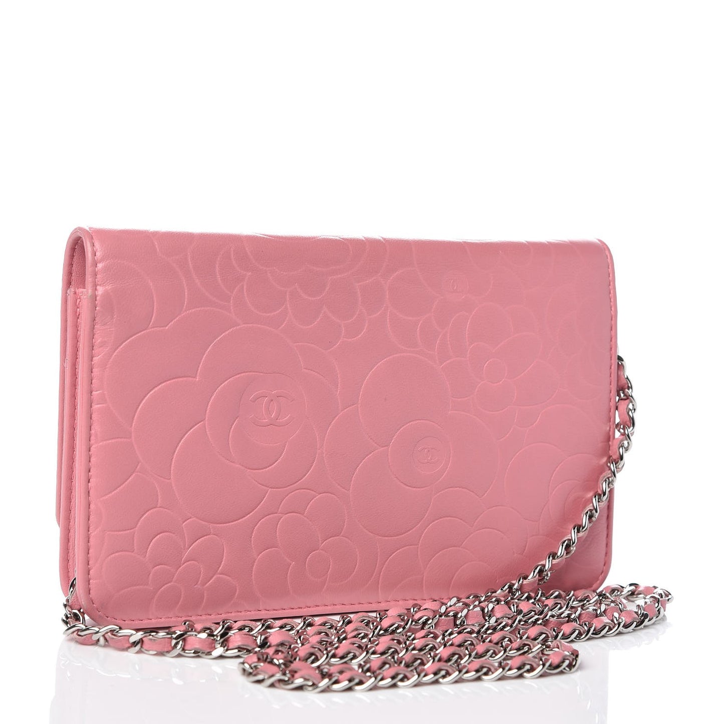 Lambskin Camellia Embossed Wallet On Chain WOC Pink