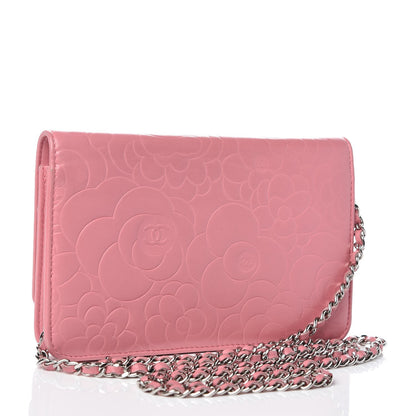 Chanel Lambskin Camellia Embossed Wallet On Chain WOC Pink 3 of 13
