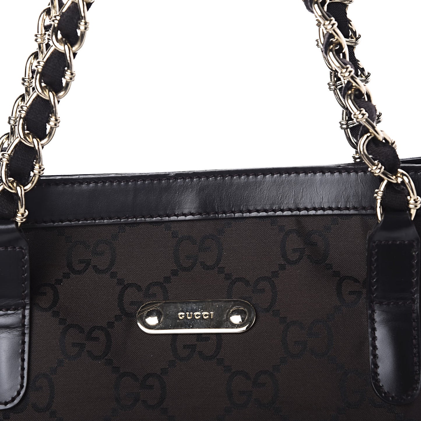 Nylon Monogram Chain Bucket Tote Brown