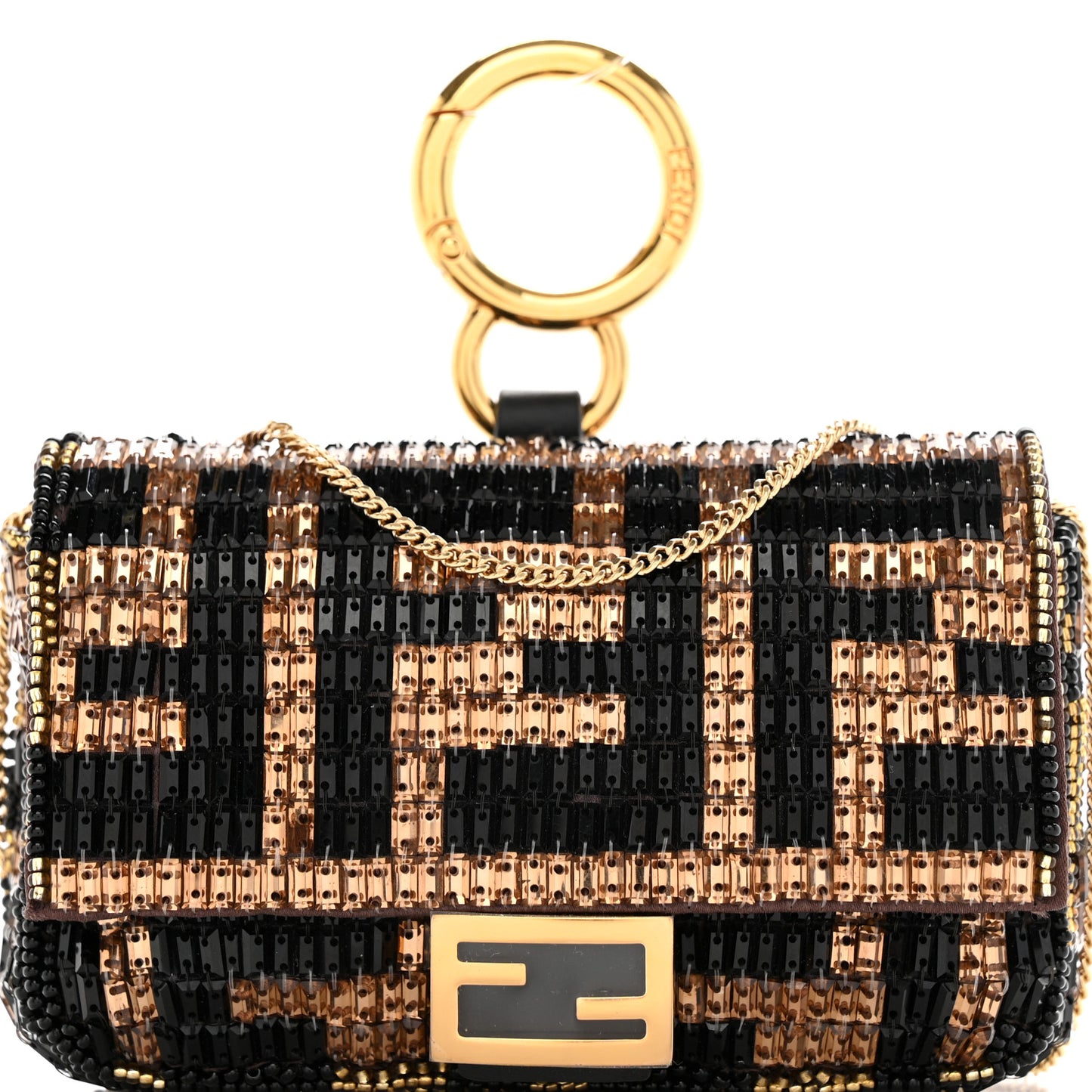 Crystal Vitello King FF Beaded Nano Baguette Charm Moro Black