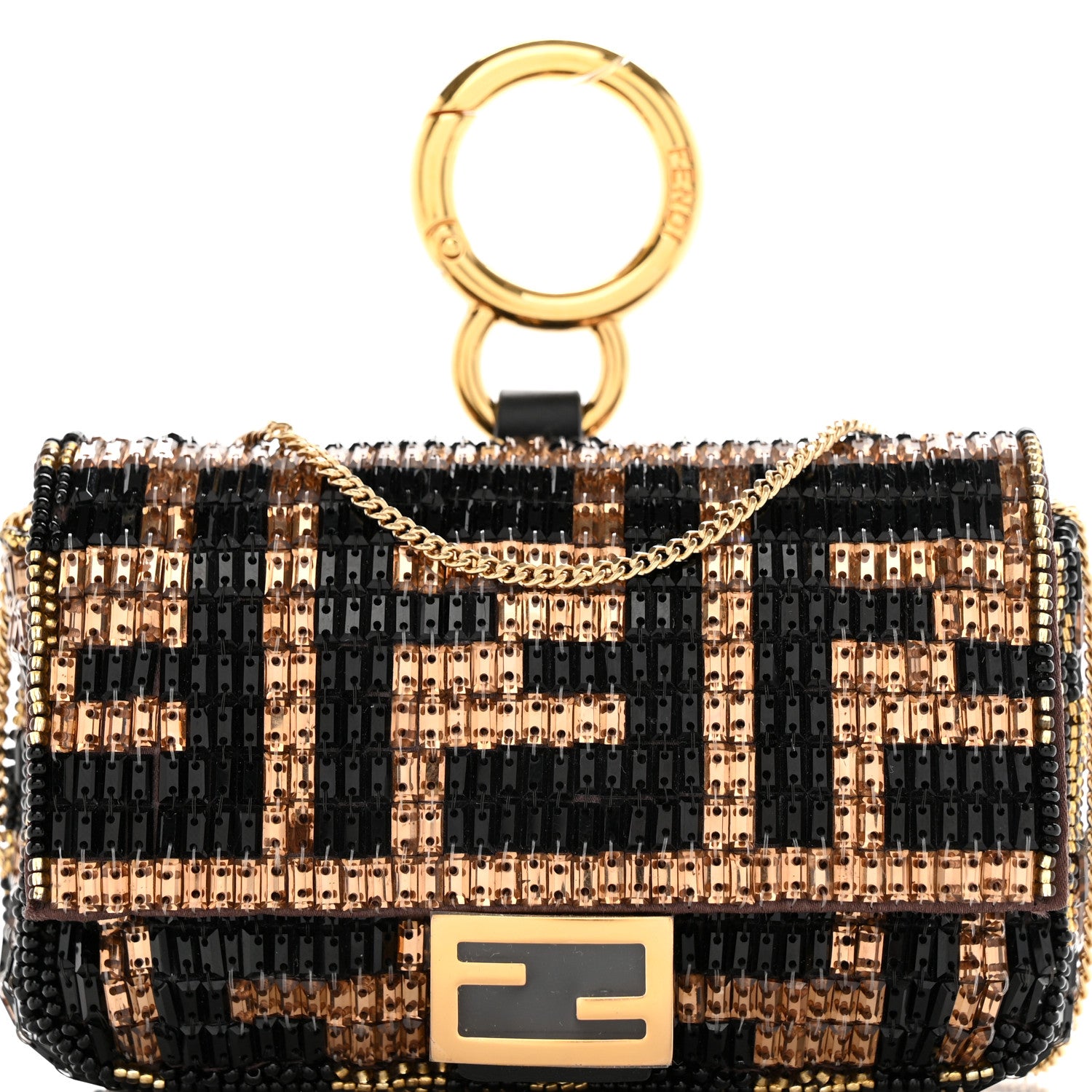 Fendi Crystal Vitello King FF Beaded Nano Baguette Charm Moro Black 8 of 11