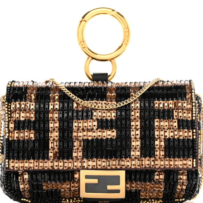 Fendi Crystal Vitello King FF Beaded Nano Baguette Charm Moro Black 8 of 11