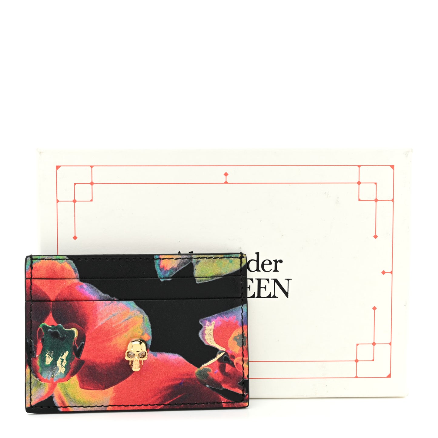 Calfskin Flower Printed Skull Card Holder Black Multicolor