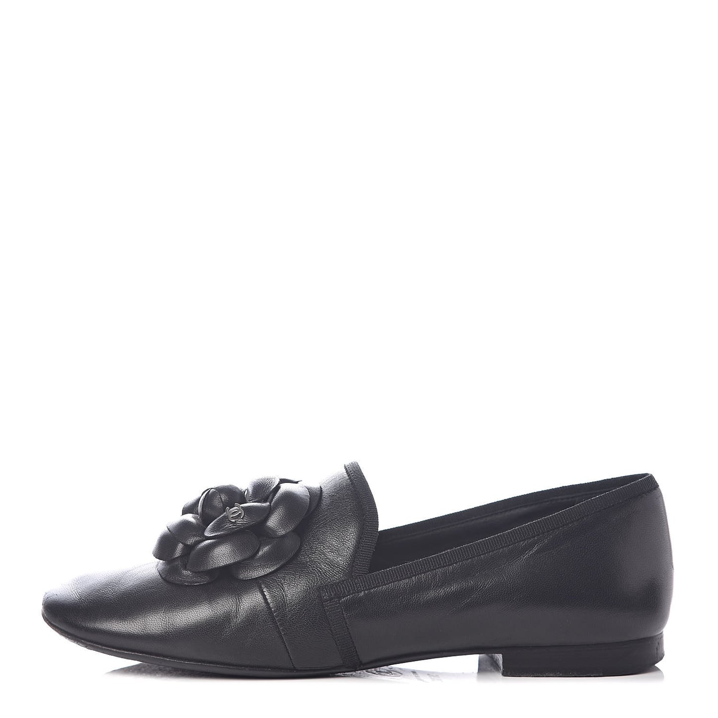Lambskin Camellia Moccasin Flats 36.5 Black