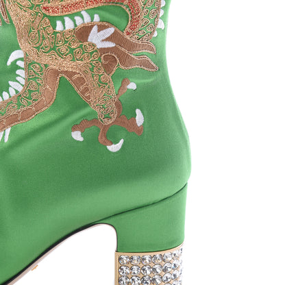 Gucci Silk Satin Malaga Kid Embroidered Candy Dragon Block-Heel Knee Boot 36 Green 11 of 20
