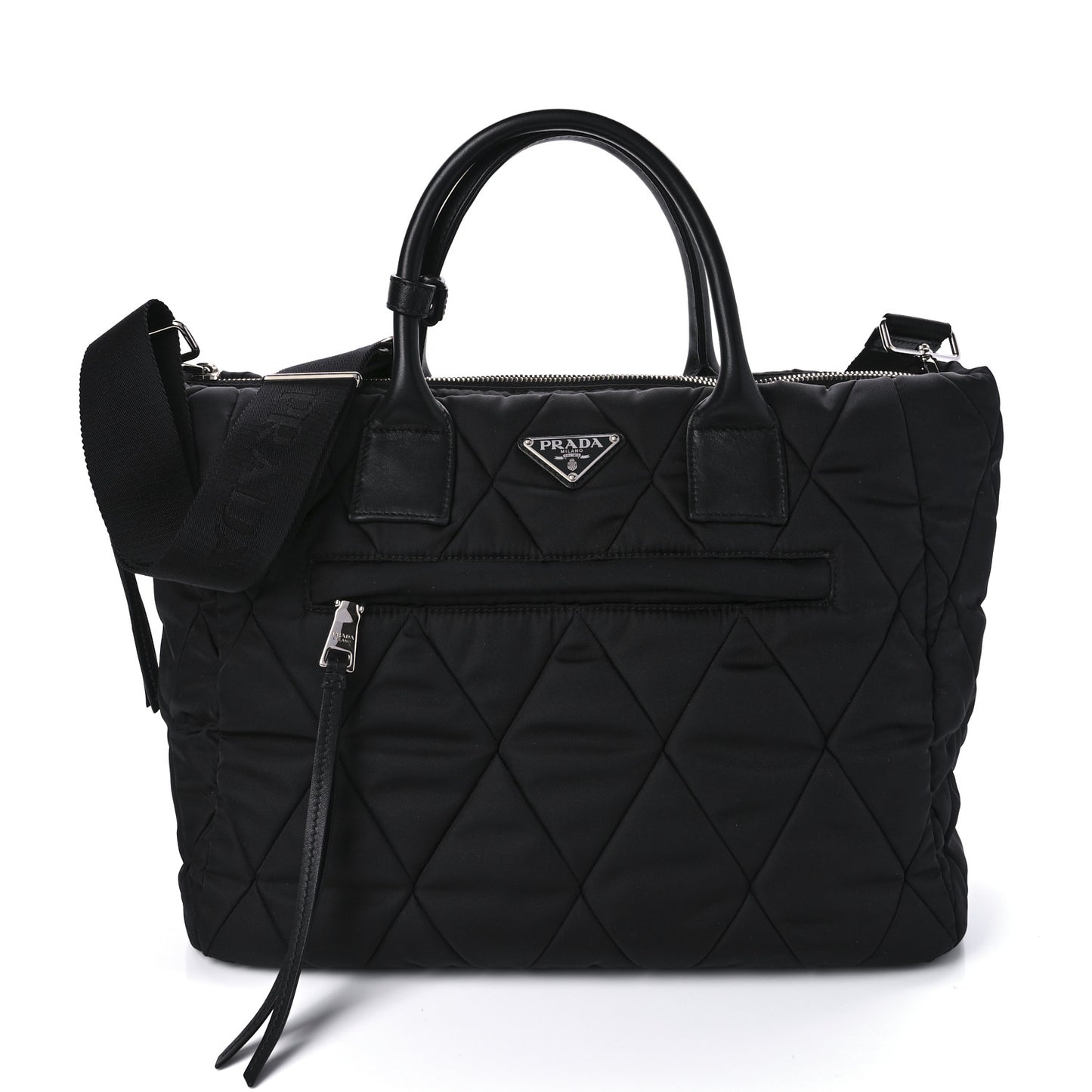 Re-Nylon Nappa Triangle Quilted Padded Large Double Handled Zip Tote Black