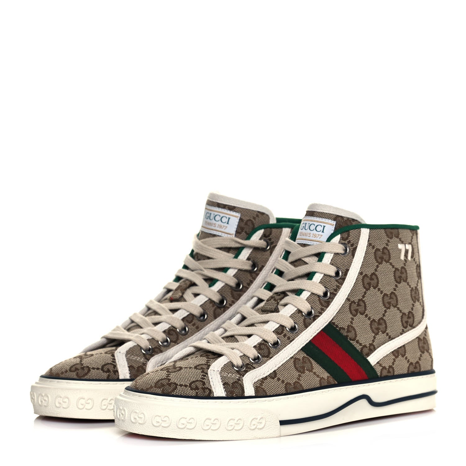 Gucci GG Monogram Web Womens 1977 Tennis High Top Sneakers 37 Beige Ebony Mystic White 3 of 7