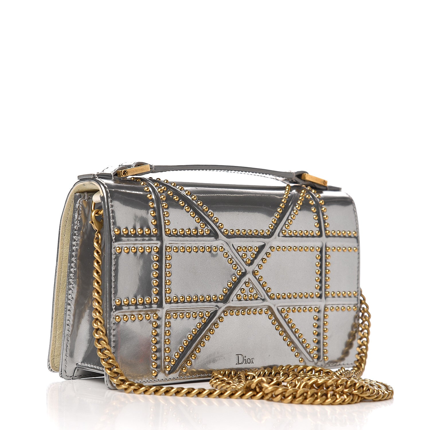 Christian Dior Metallic Patent Studded Diorama Top Handle Wallet on Chain Pouch Silver 3 of 12