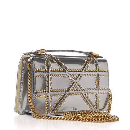 Christian Dior Metallic Patent Studded Diorama Top Handle Wallet on Chain Pouch Silver 3 of 12