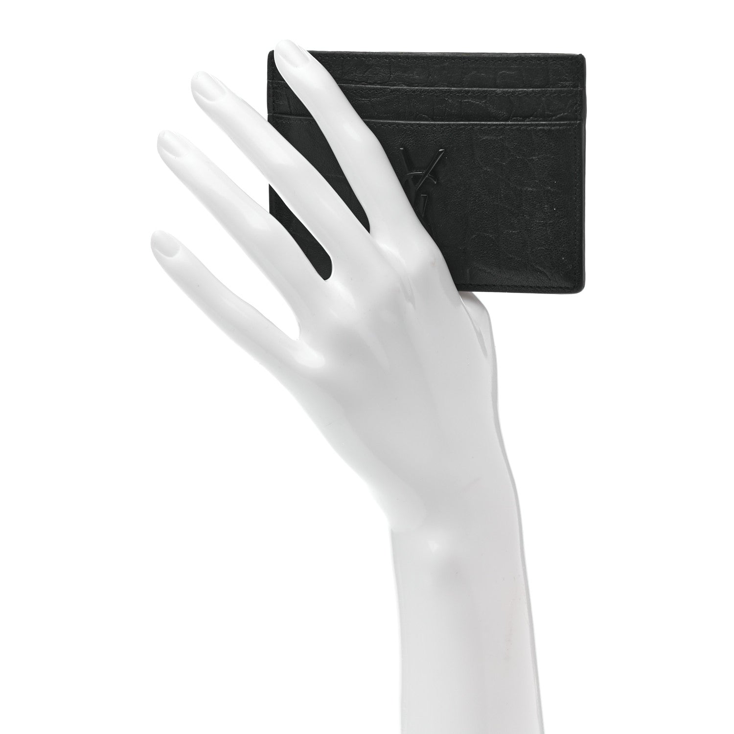 Saint Laurent Calfskin Crocodile Embossed Monogram Credit Card Case Black 2 of 6