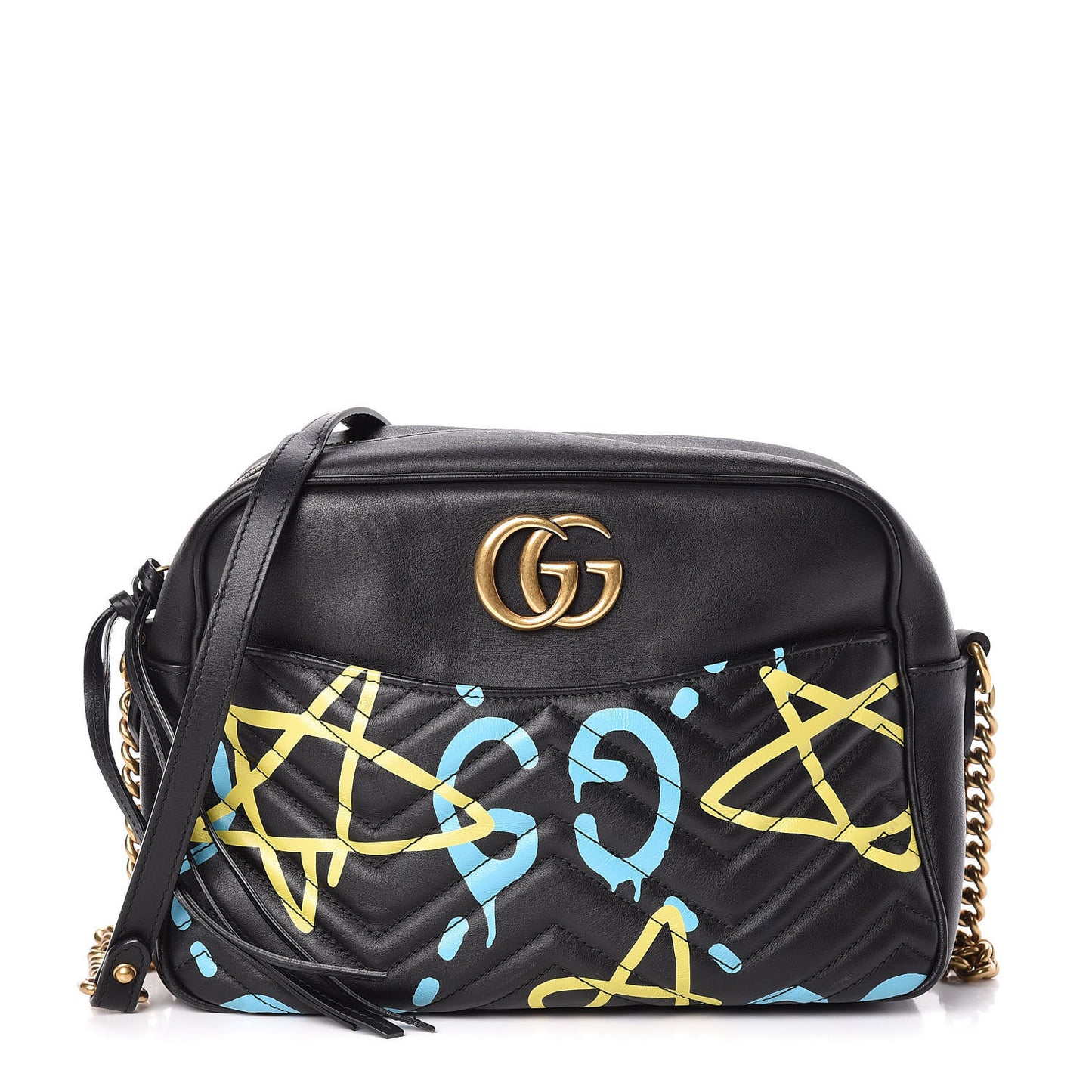Calfskin Matelasse GucciGhost Medium GG Marmont Chain Shoulder Bag Black New Acquamarine