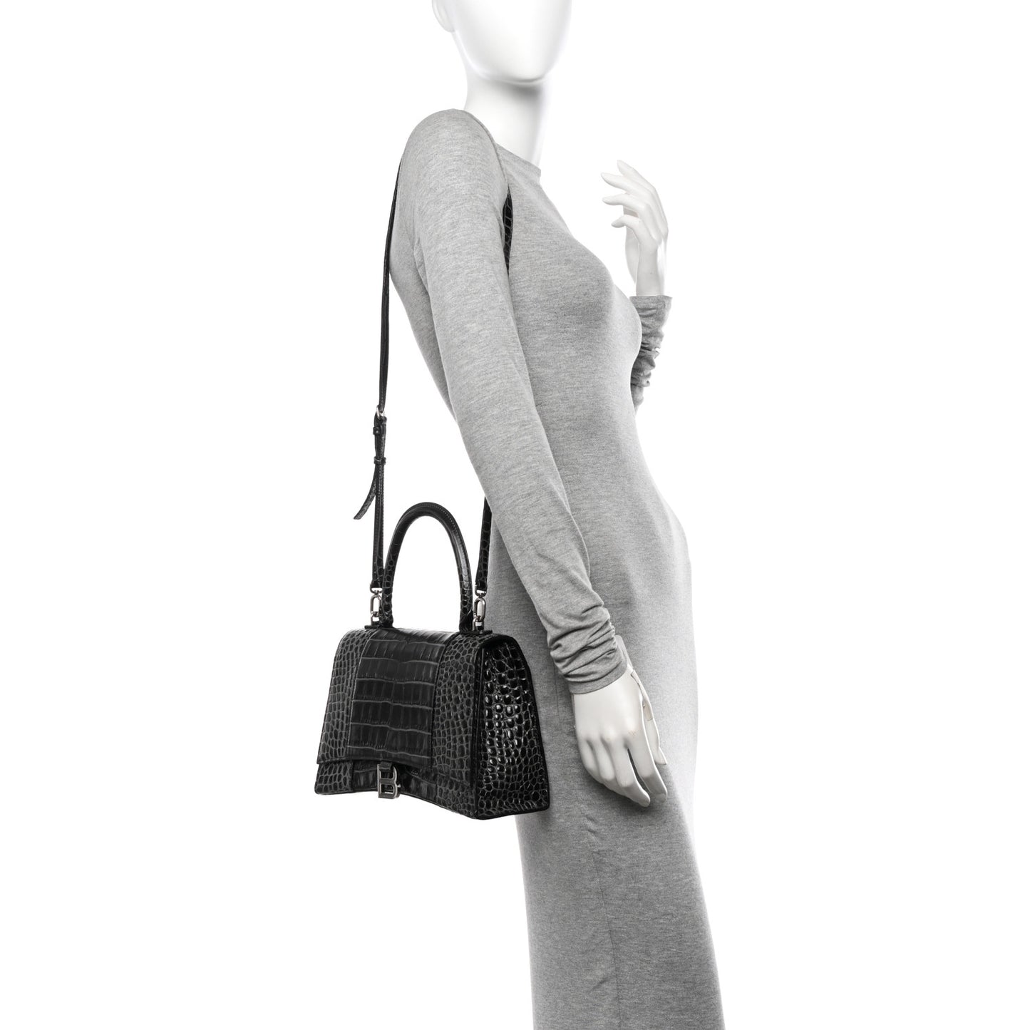 Shiny Calfskin Crocodile Embossed Medium Hourglass Top Handle Bag Dark Grey