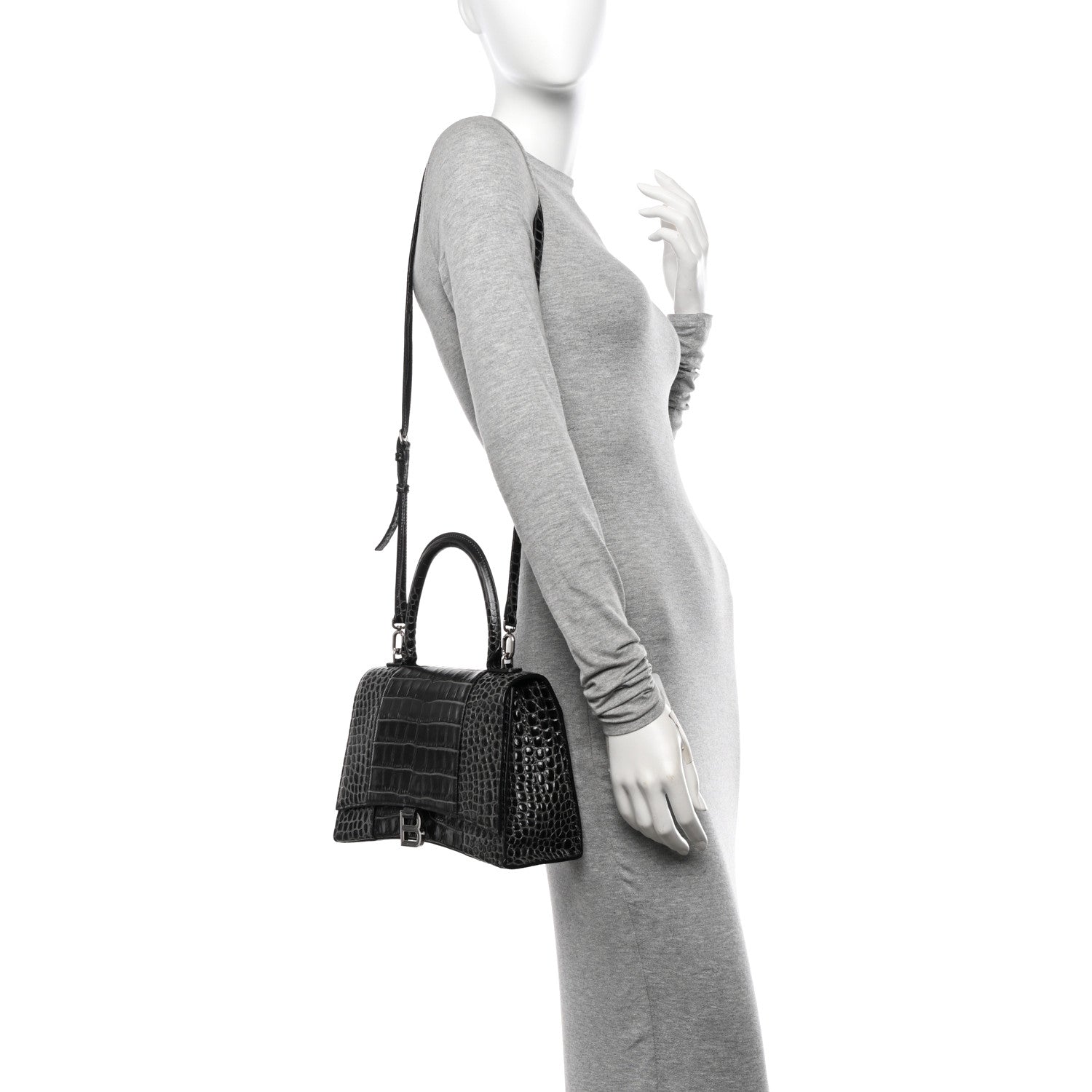 Balenciaga Shiny Calfskin Crocodile Embossed Medium Hourglass Top Handle Bag Dark Grey 2 of 10
