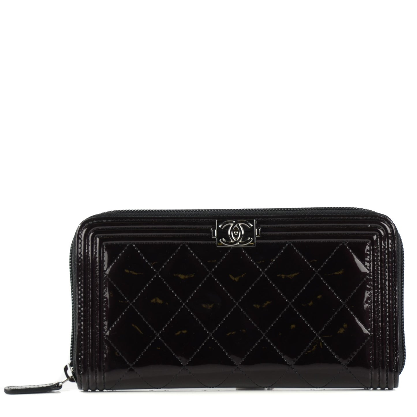 Patent Quilted Boy Zip Around Wallet Black