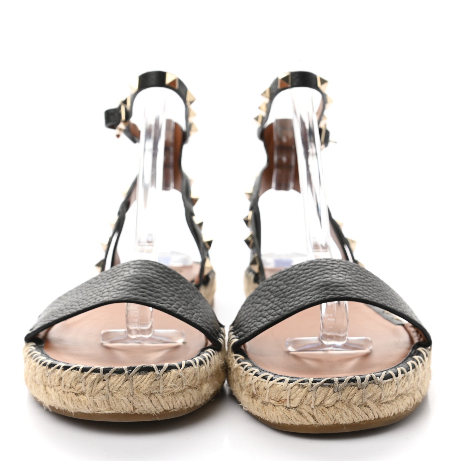 Valentino Garavani Grained Calfskin Rockstud Ankle Strap Espadrille Flat Sandals 38 Black 2 of 8