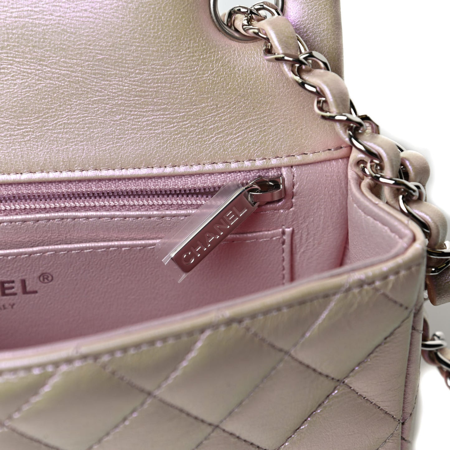 Iridescent Calfskin Quilted Mini Rectangular Flap Pink