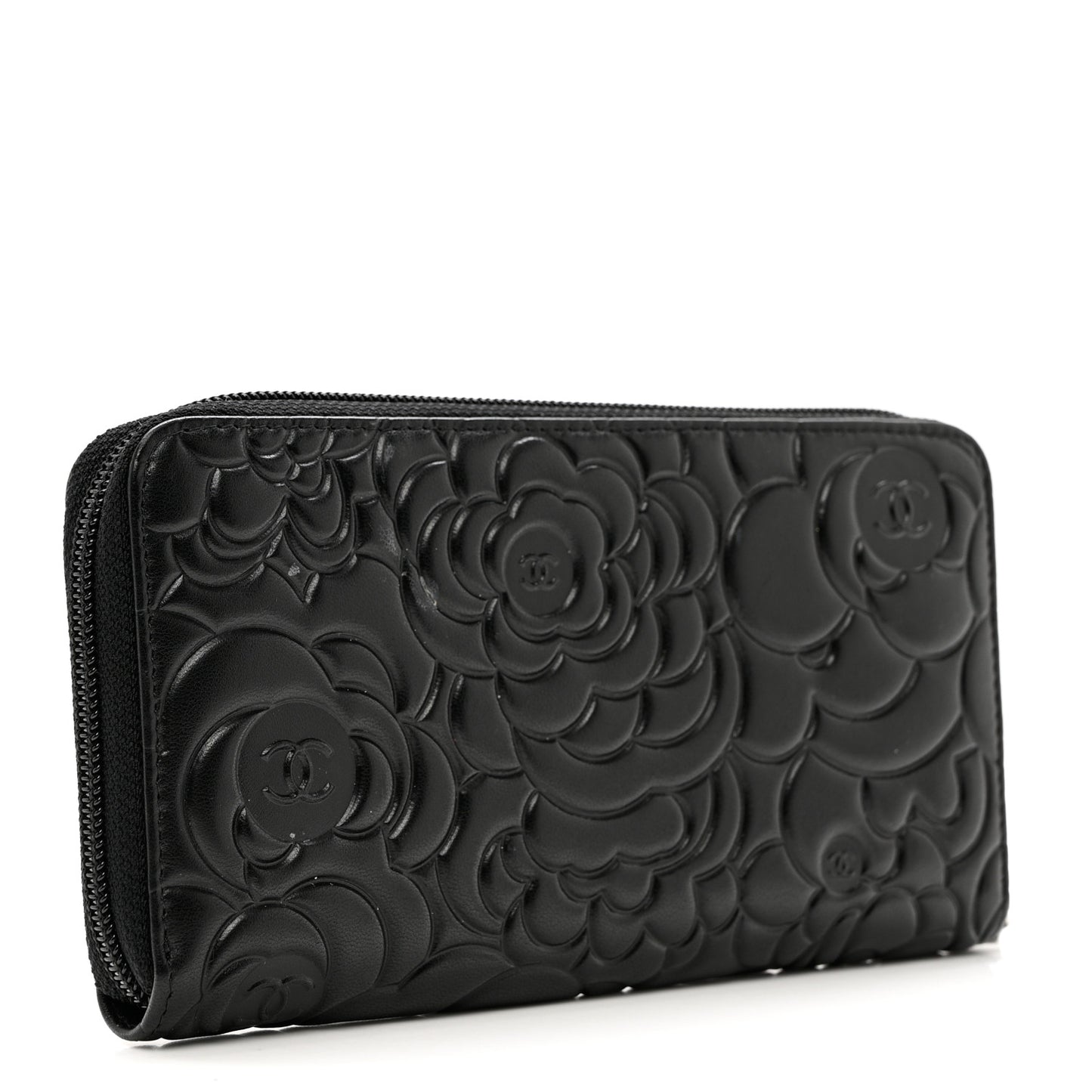 Lambskin Camellia Embossed Zip Around Gusset Wallet Black