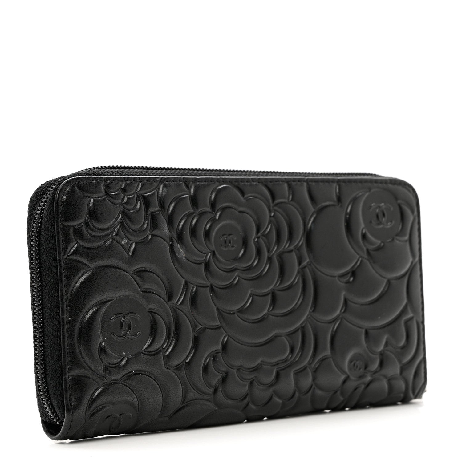 Chanel Lambskin Camellia Embossed Zip Around Gusset Wallet Black 3 of 9