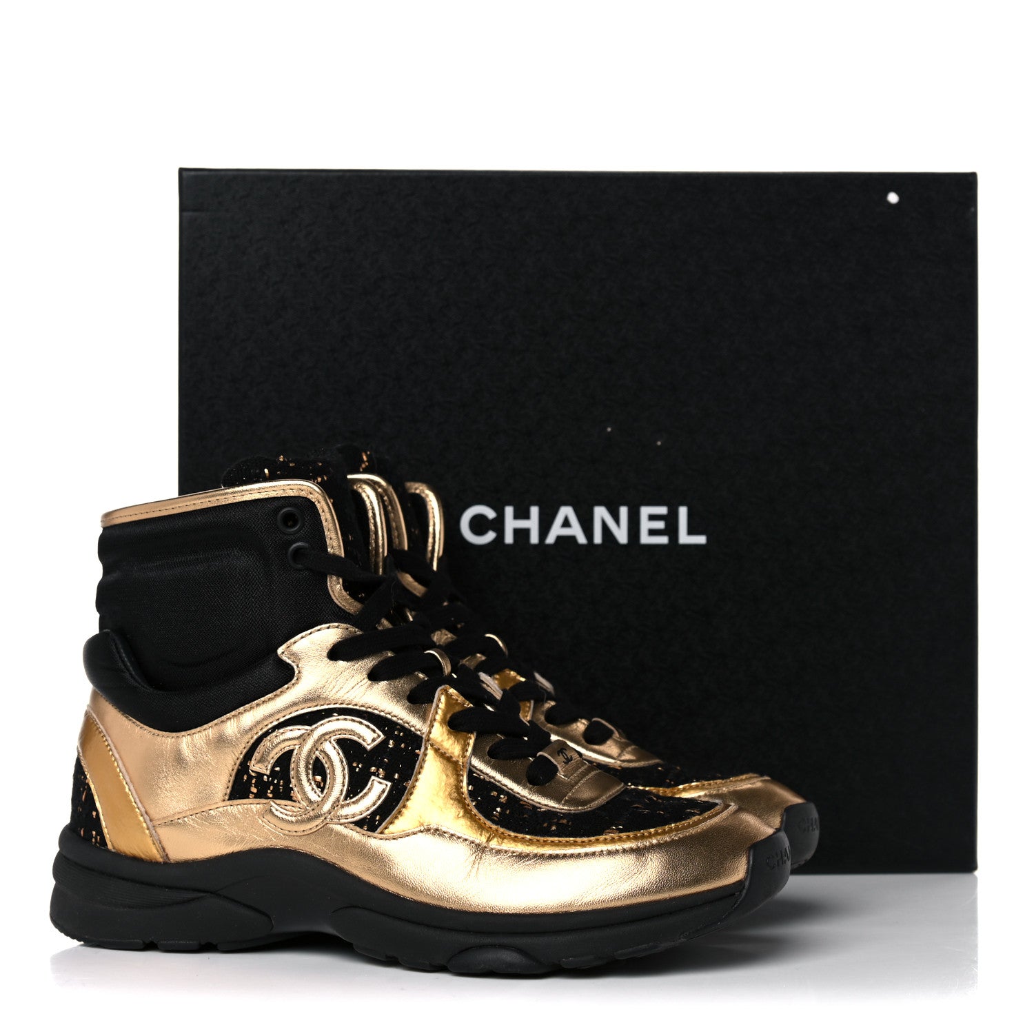 Chanel Satin Lambskin Fabric Tweed CC High Top Sneakers 37.5 Black Gold 10 of 10