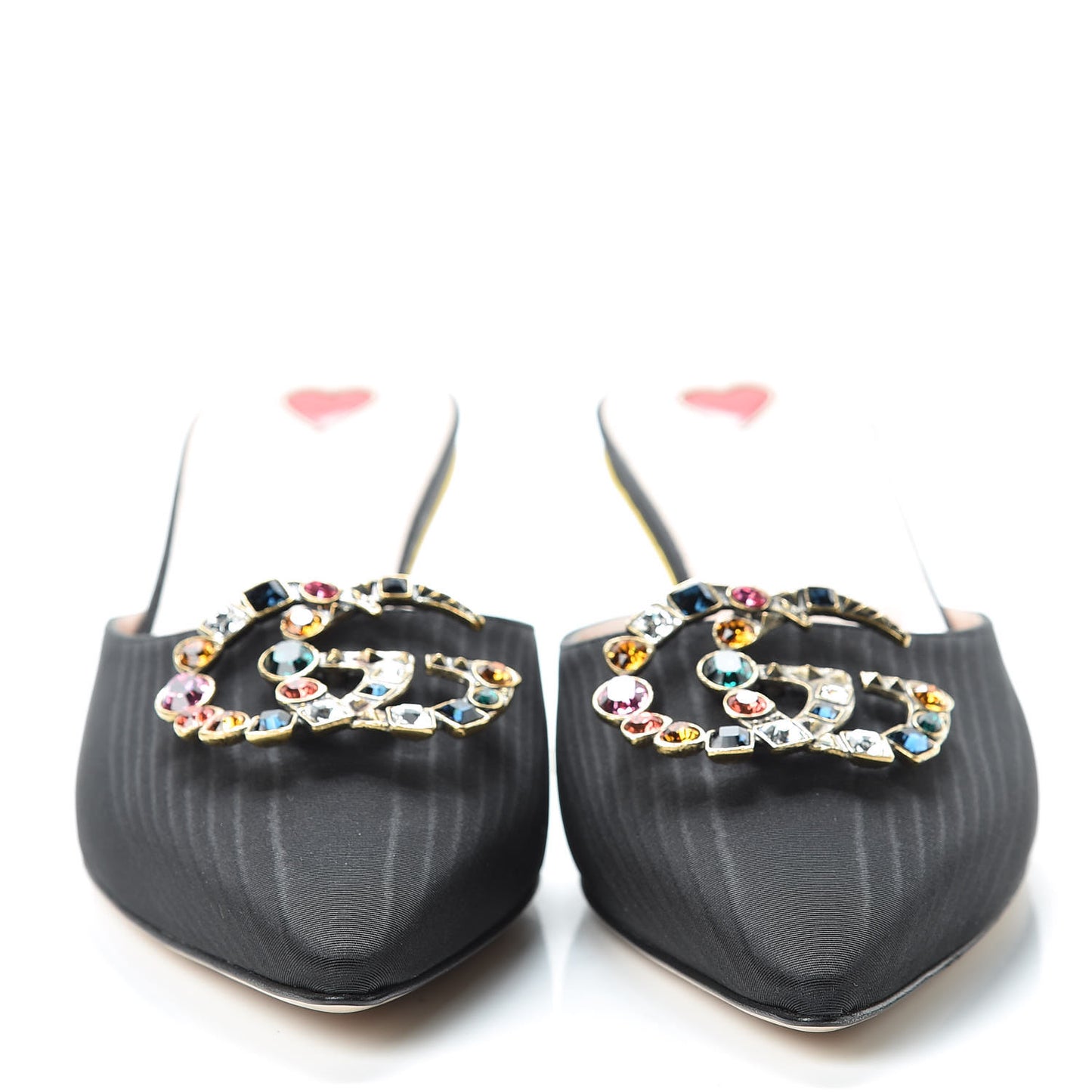 Moire Silk Crystal Logo Embellished Mules 39 Black