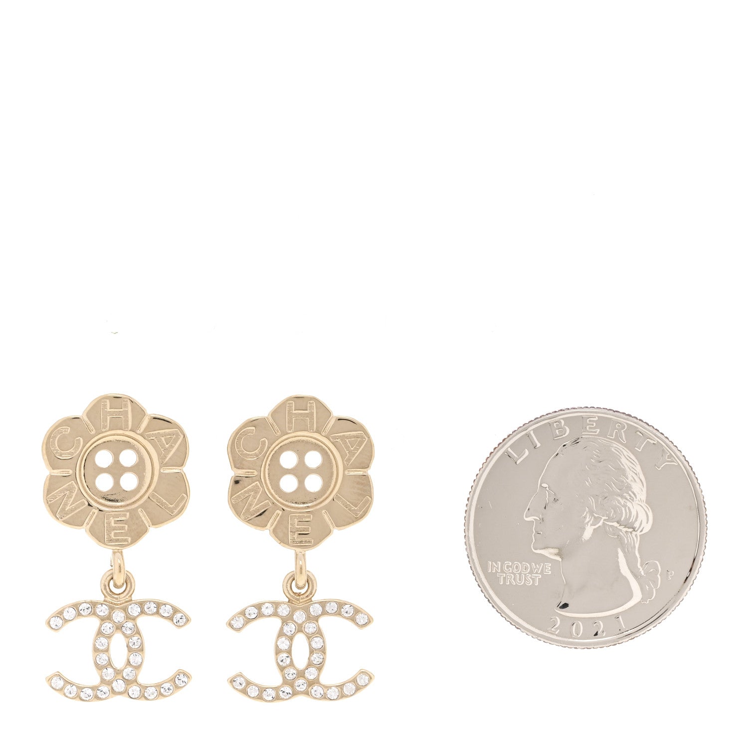 Chanel Crystal CC Flower Button Dangle Earrings Gold 2 of 5