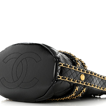 Chanel Shiny Aged Calfskin Quilted Chain Bucket Drawstring Bag Black 10 of 11