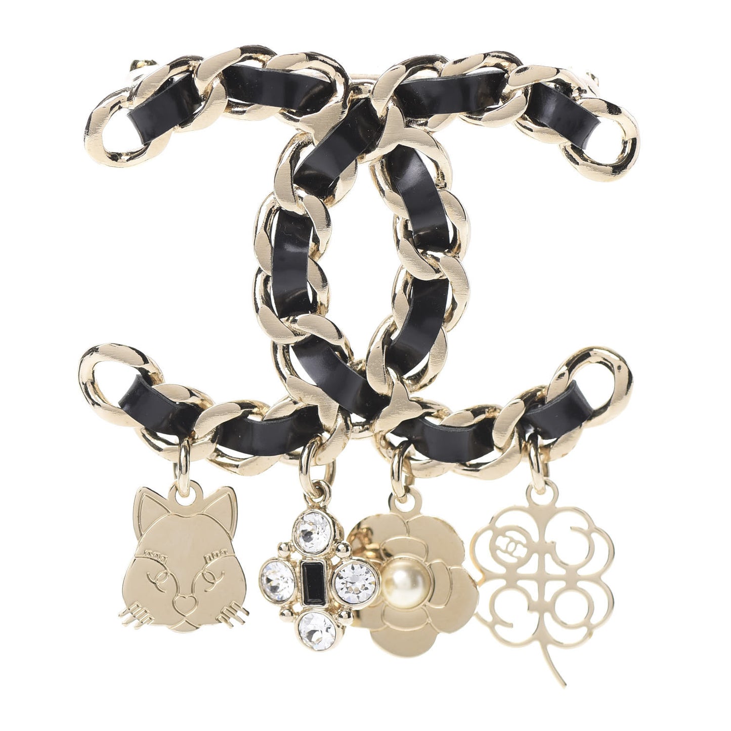 Lambskin Crystal Chain CC Charms Brooch Black Gold