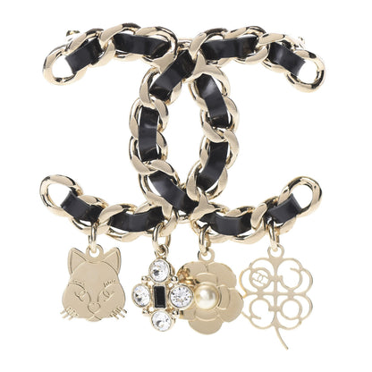 Chanel Lambskin Crystal Chain CC Charms Brooch Black Gold 1 of 5