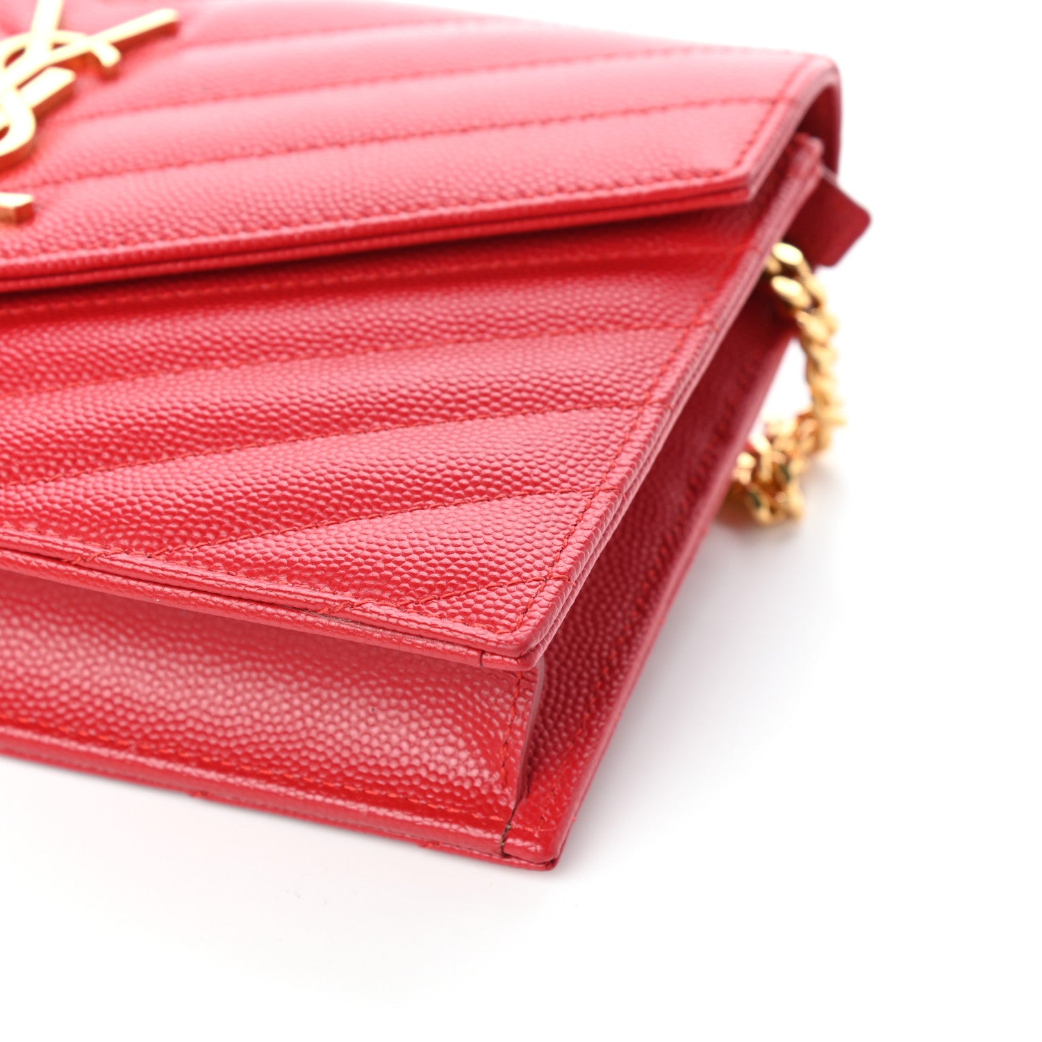 Saint Laurent Grain De Poudre Matelasse Chevron Monogram Envelope Chain Wallet New Red 9 of 9