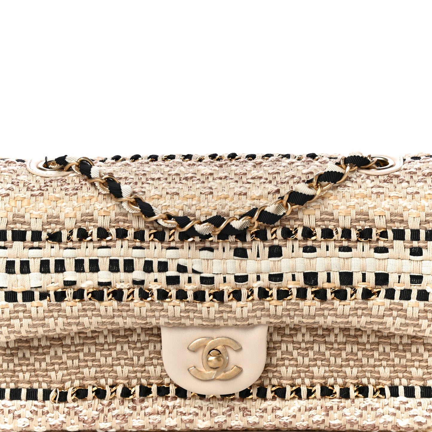 Cotton Raffia Lambskin Woven Medium Single Flap Beige Beige Black