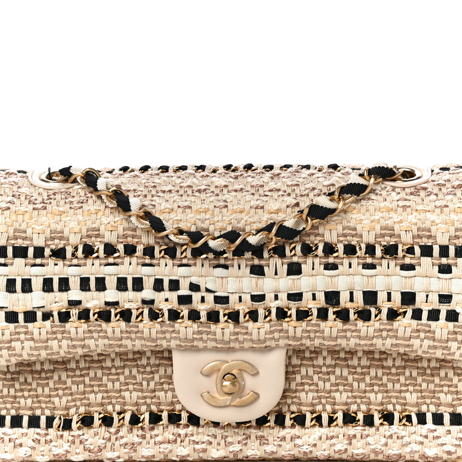 Chanel Cotton Raffia Lambskin Woven Medium Single Flap Beige Beige Black 8 of 10