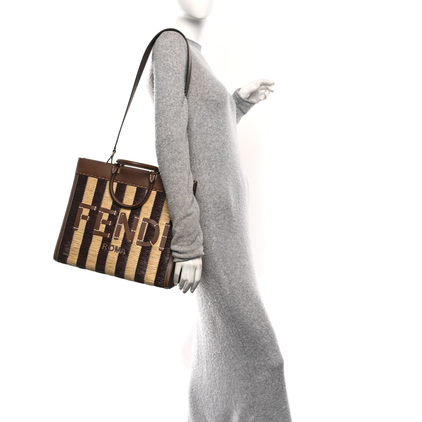 Paglia Pequin Vitello King Woven Medium Fendi Sunshine Shopper Tote Naturale Gianduia