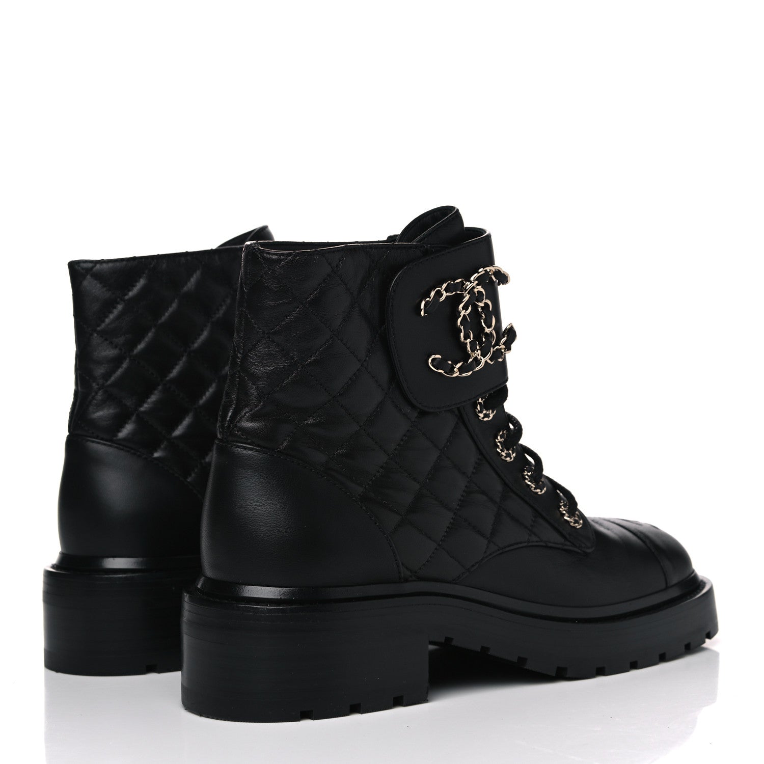 Chanel Shiny Lambskin Quilted Lace Up Combat Boots 37 Black 4 of 5