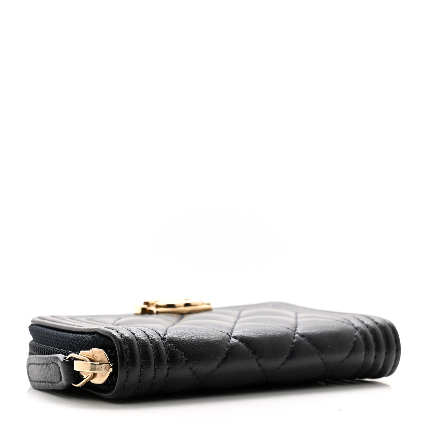 Lambskin Quilted Zip Around Boy Coin Purse Wallet Navy