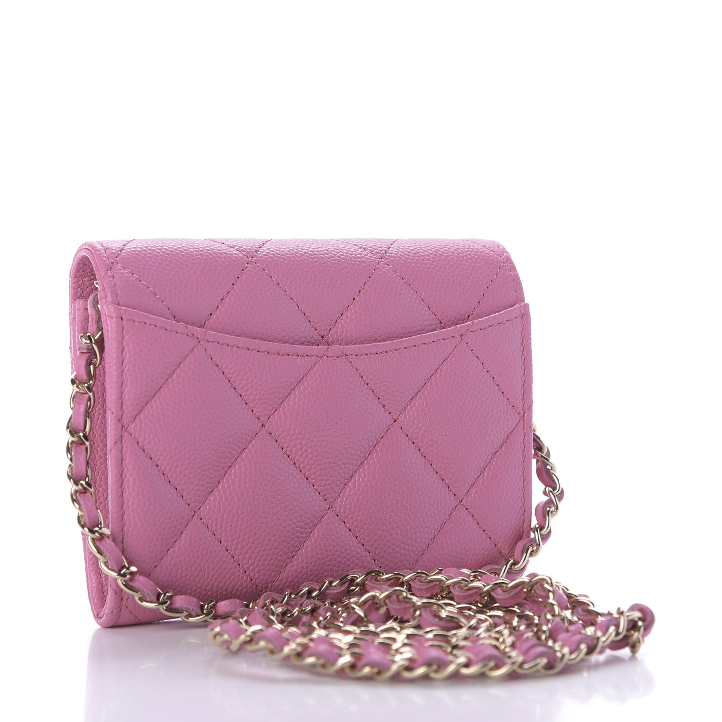 Caviar Quilted Flap Card Holder On Chain Pink