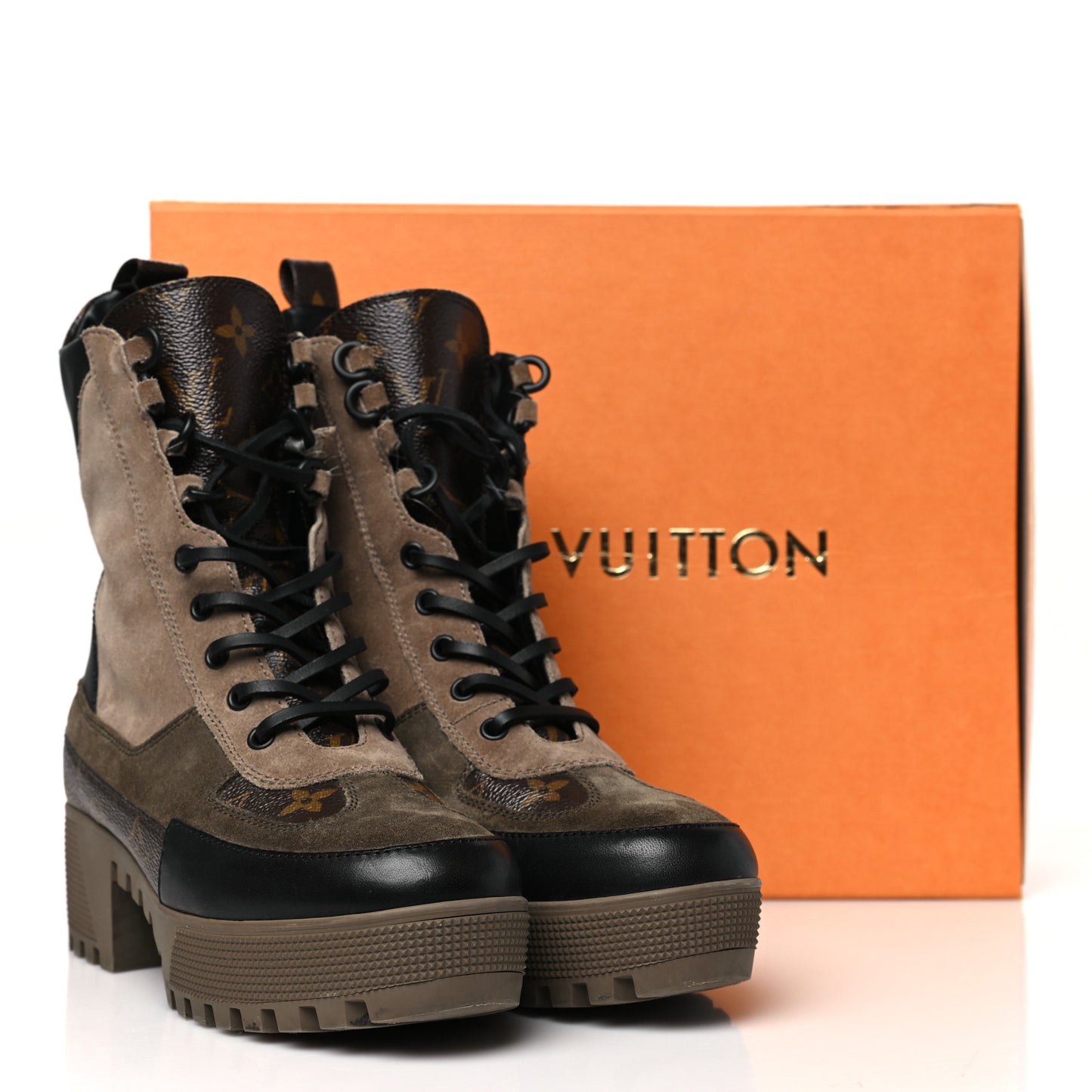 Suede Calfskin Monogram Laureate Platform Desert Boots 38 Taupe