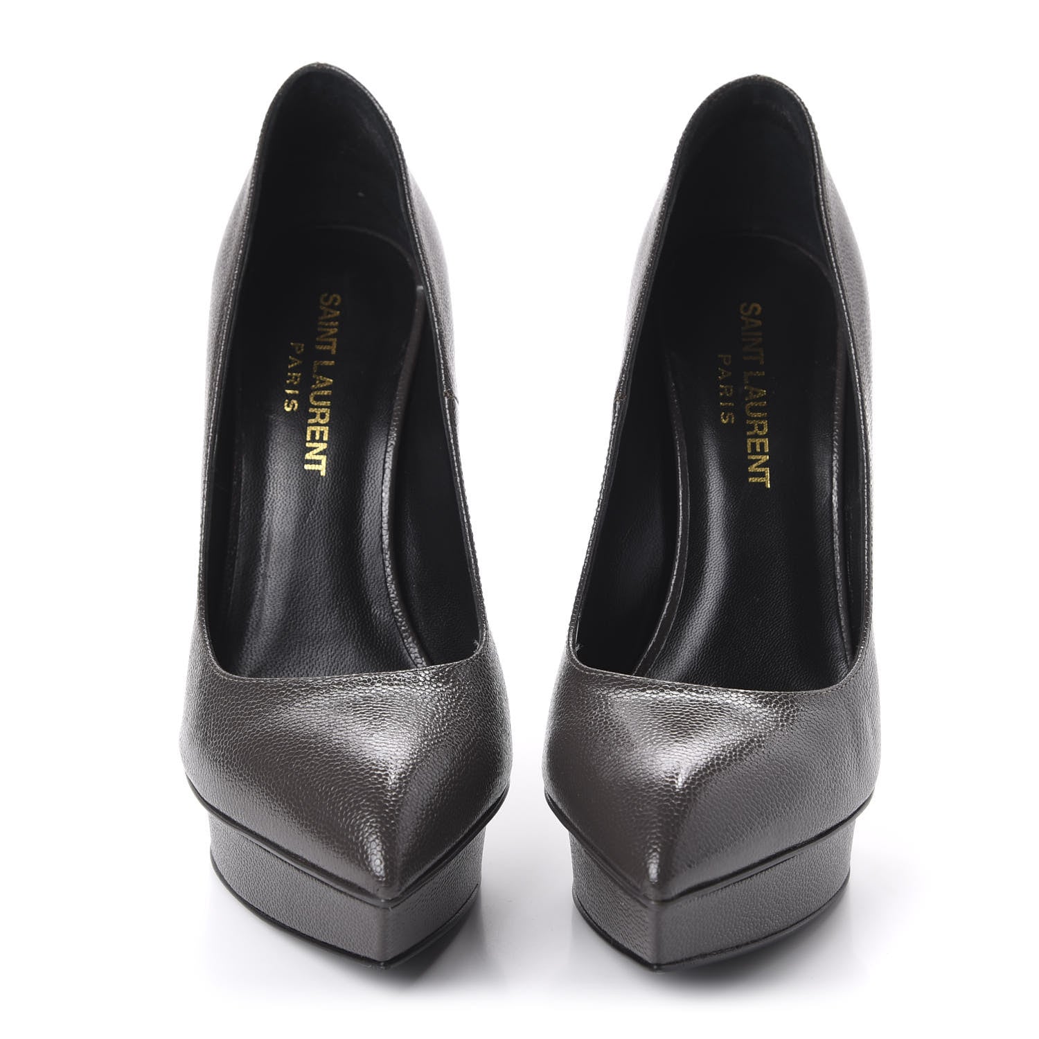 Saint Laurent Pebbled Patent Calfskin Janis Platform Pumps 36 Road Grey 2 of 9