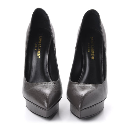 Saint Laurent Pebbled Patent Calfskin Janis Platform Pumps 36 Road Grey 2 of 9