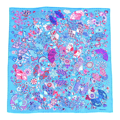 Hermes Silk Fleurs et Papillons de Tissus Pocket Square 45 Bleu Rose Violet 1 of 3